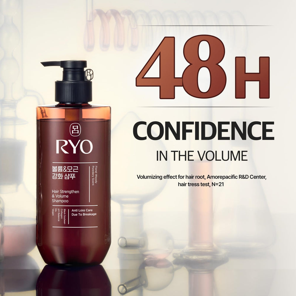 Ryo Strengthen & Volume Shampoo packaging emphasizes vegan fragrance-free sulfate-free clean formula