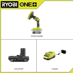 RYOBI ONE+ scrubber with 7-inch VORTEX brush for tile and fiberglass.