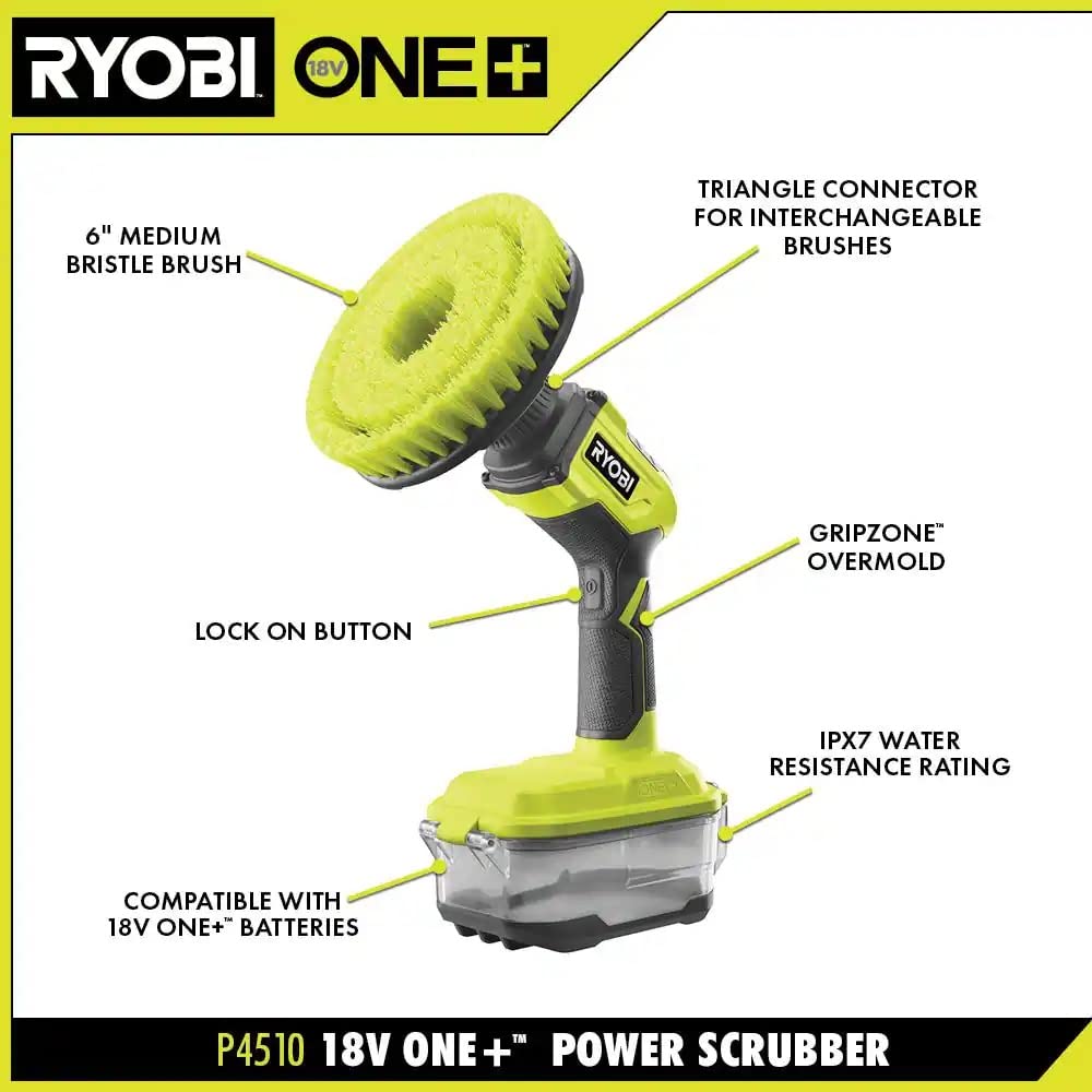 RYOBI ONE+ scrubber tackles tile, fiberglass, and siding with tough bristles.