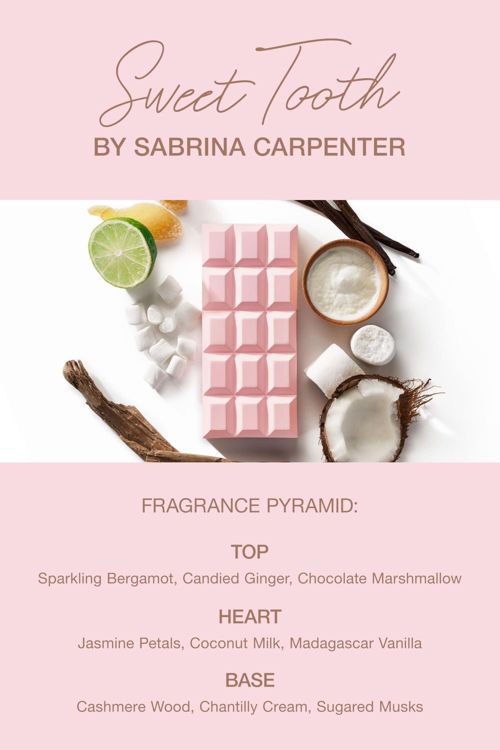 Sabrina Carpenter Sweet Tooth bottle side, elegant vanity display worthy.