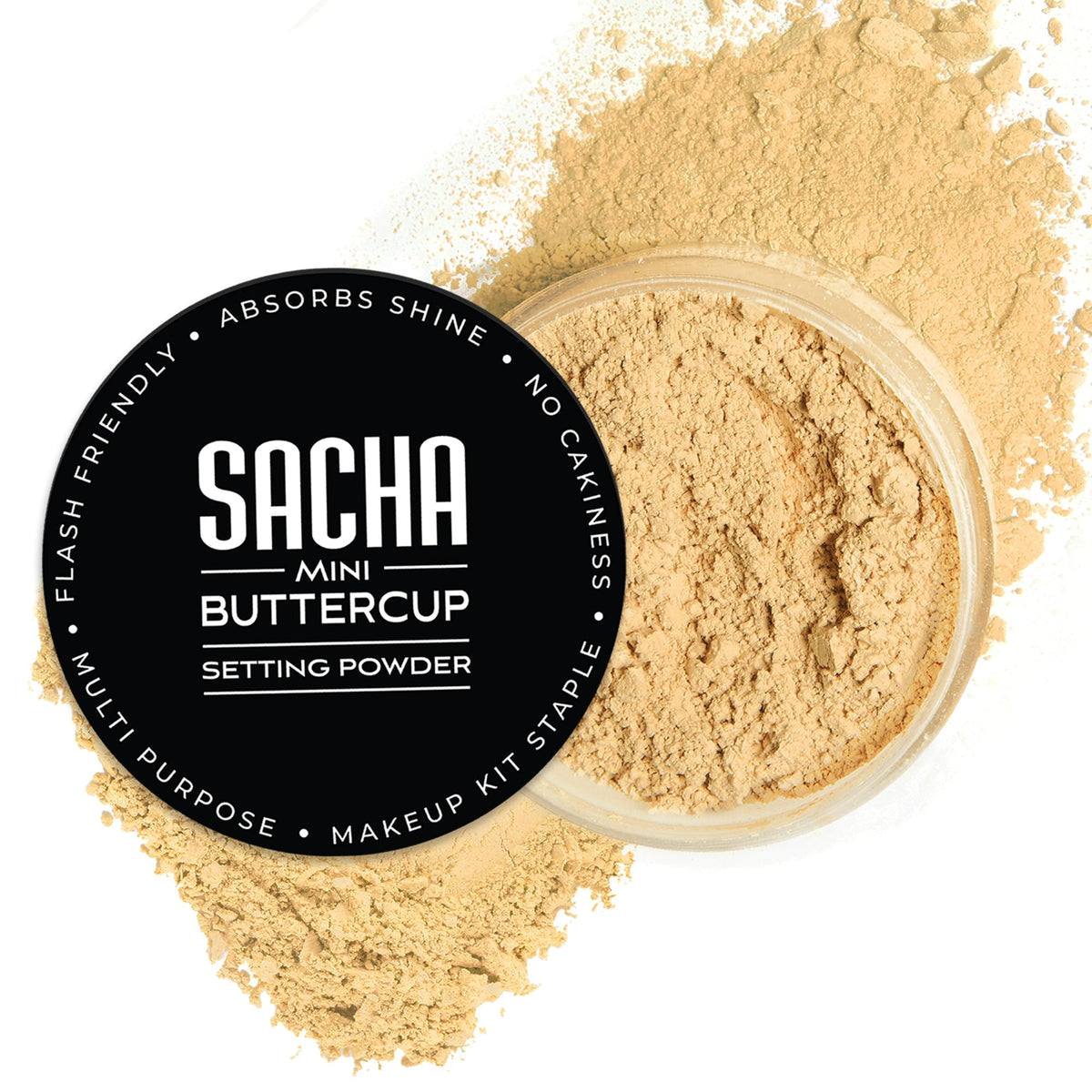 Sacha Buttercup Mini Setting Powder compact ready for photos with a silky finish.