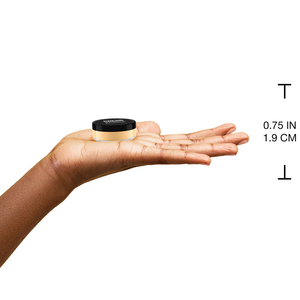 Sacha Buttercup Mini Setting Powder face application indicates matte, long-wear finish.