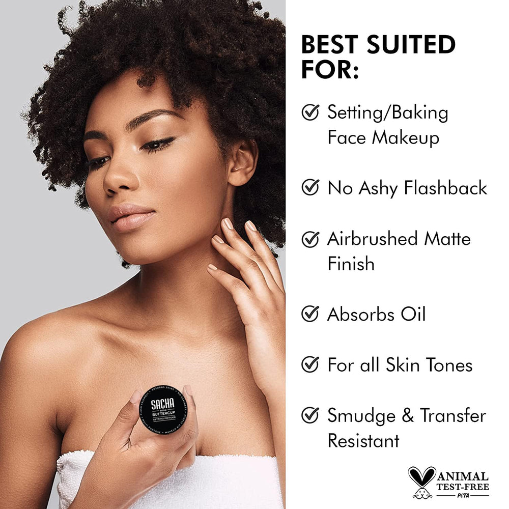 Sacha Buttercup texture close-up highlights lightweight, blendable formula ideal for baking and setting.