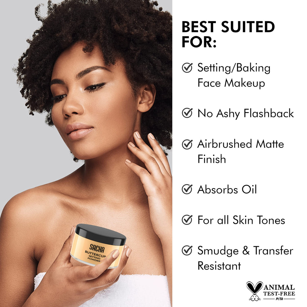 Sacha Buttercup powder swatches display shade options for medium to dark skin