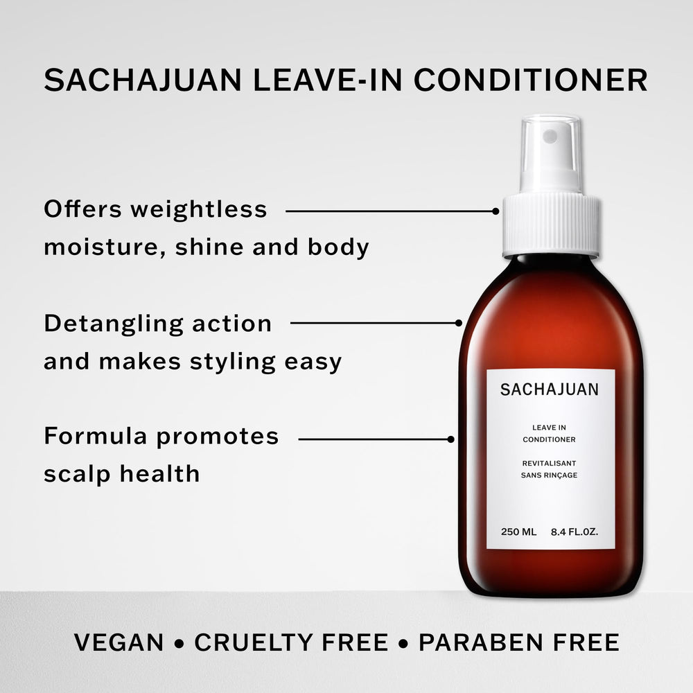 SACHAJUAN Leave-In Conditioner being sprayed onto towel-dried hair for easy styling.