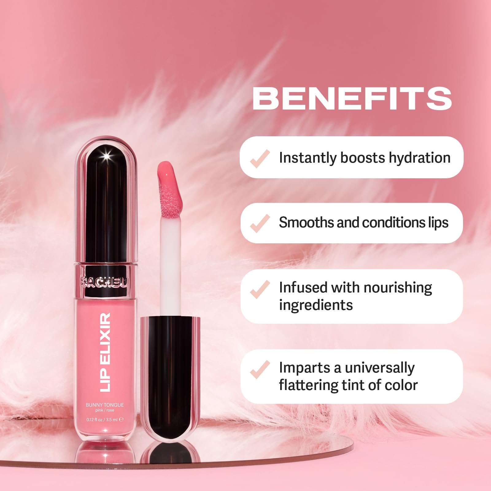 Sacheu Lip Elixir glossy finish closeup captures high-shine non-sticky texture