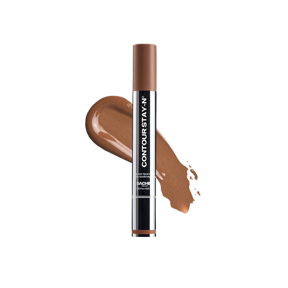 Sacheu Liquid Contour Stay-N bottle closeup showing all-day, transfer-resistant definition.