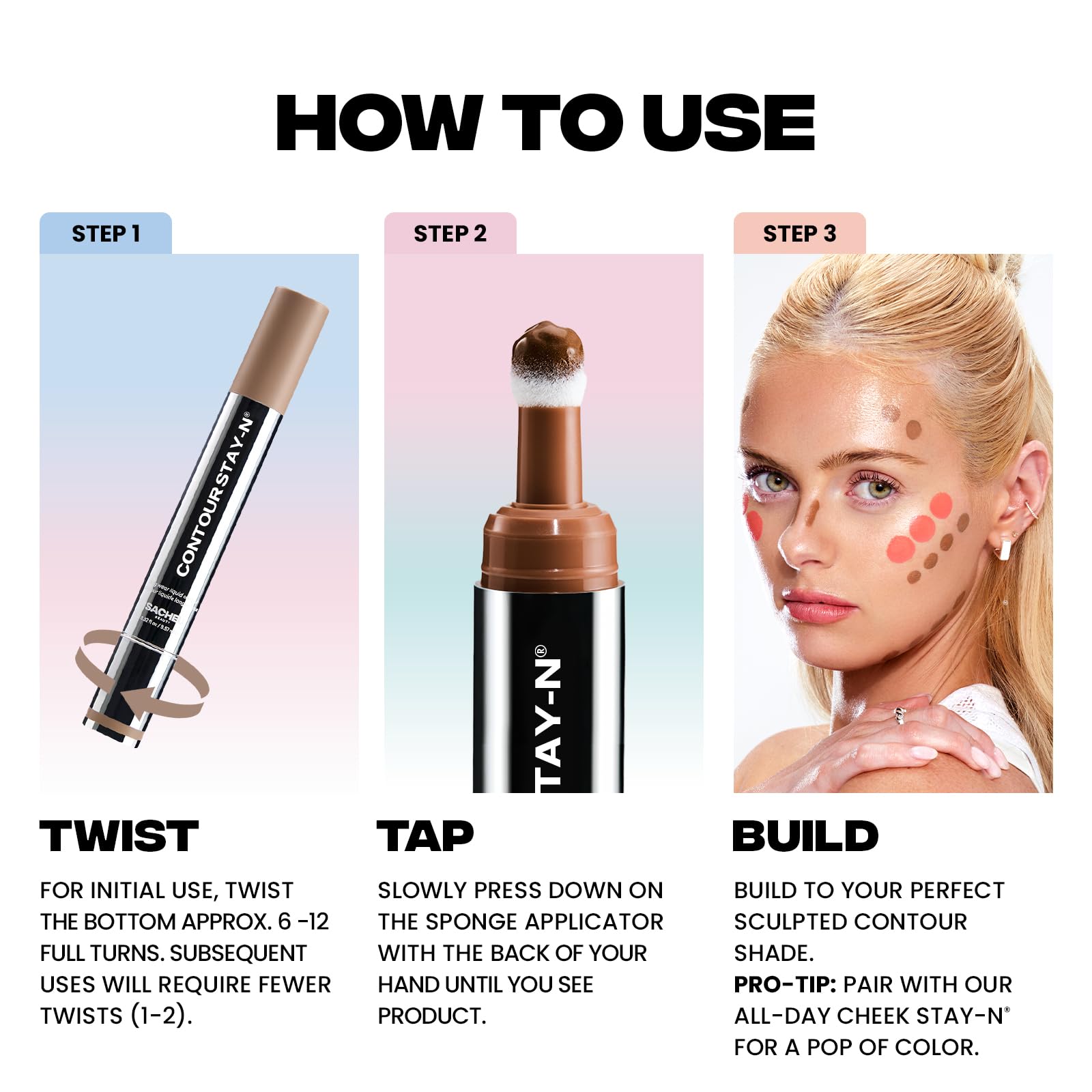 Sacheu Liquid Contour Stay-N on jawline for defined profile with ease