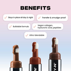 Sacheu Liquid Contour STAY-N satin finish on cheek highlights sculpted definition.