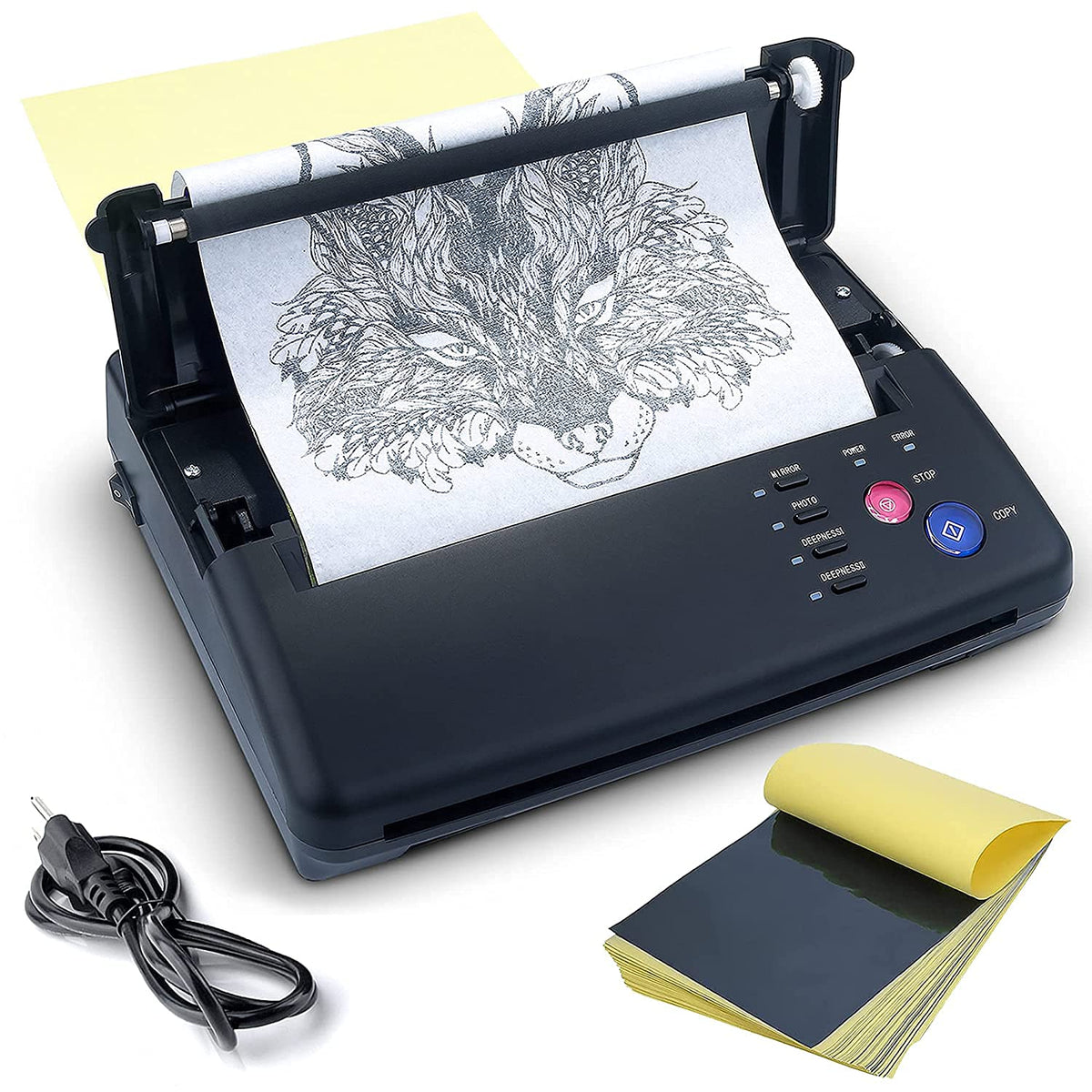 Sacnahe tattoo transfer machine front view shows a compact studio-ready design.