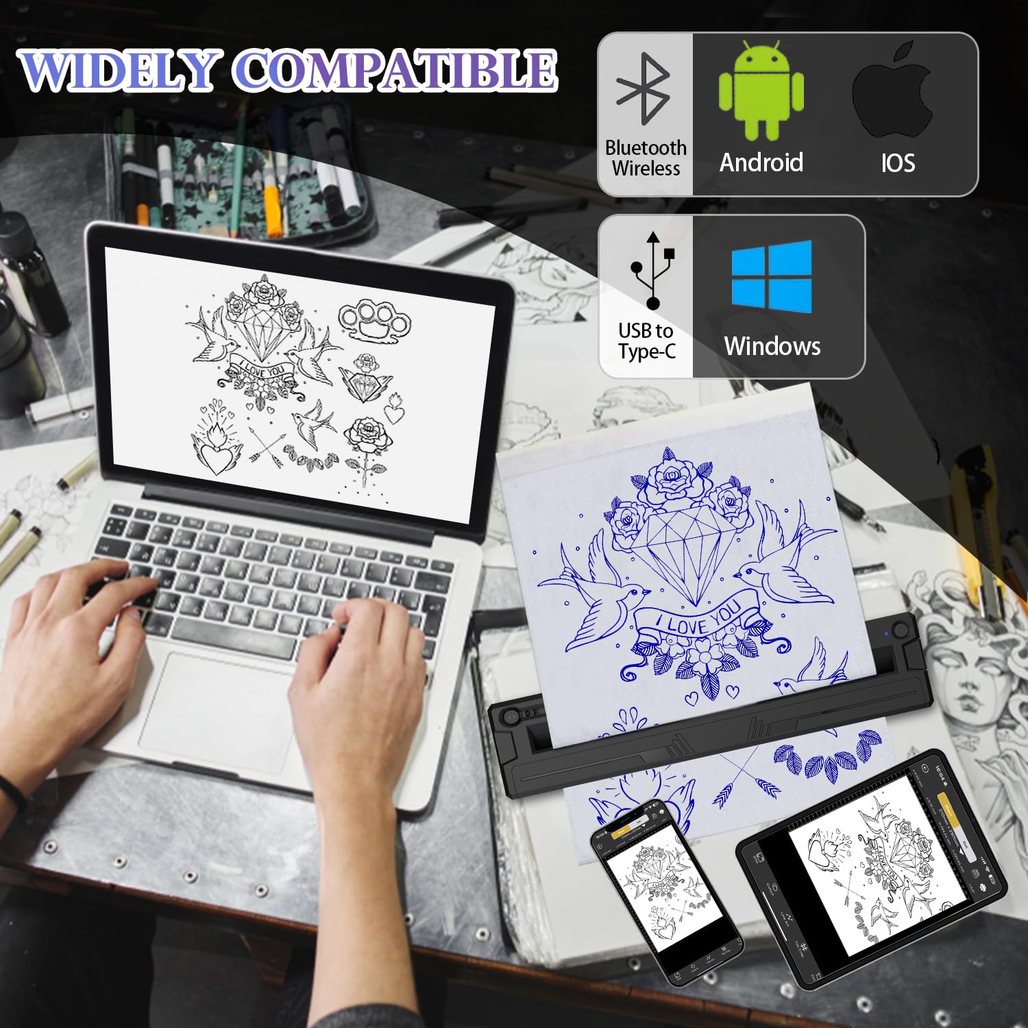 Sacnahe wireless tattoo stencil printer supports A4 custom sizing for portraits.