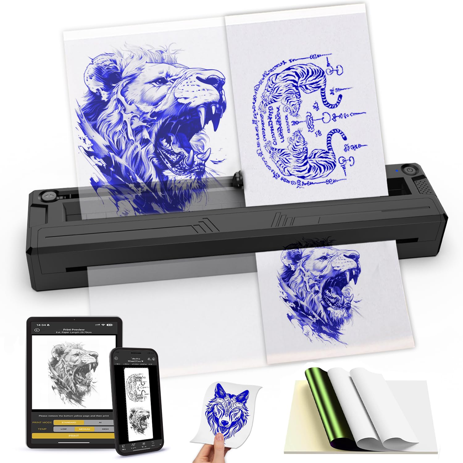 Sacnahe wireless tattoo stencil printer front view, compact portable design for on-the-go artists.