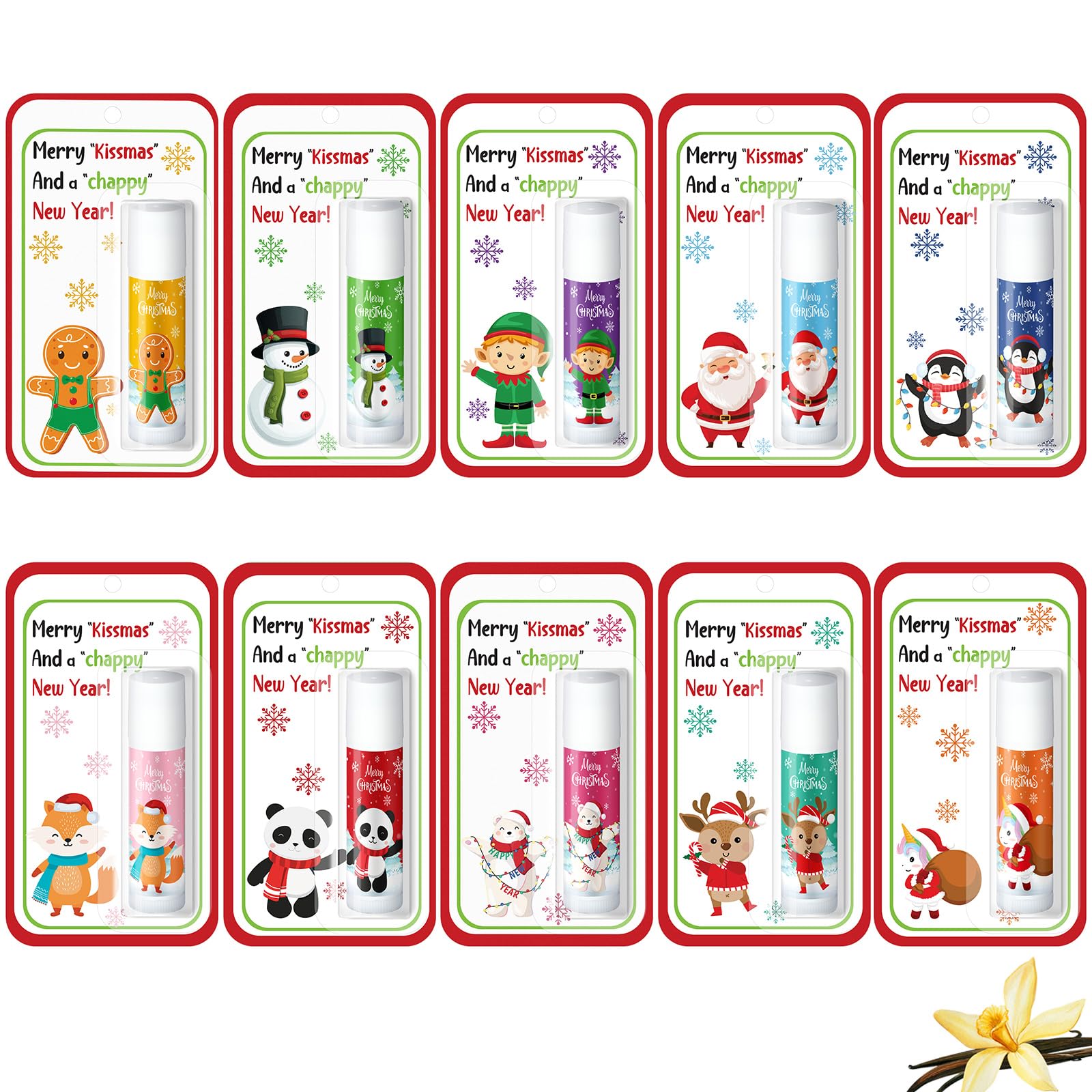 Sacubee Christmas lip balm ten-pack with festive packaging for gifts.