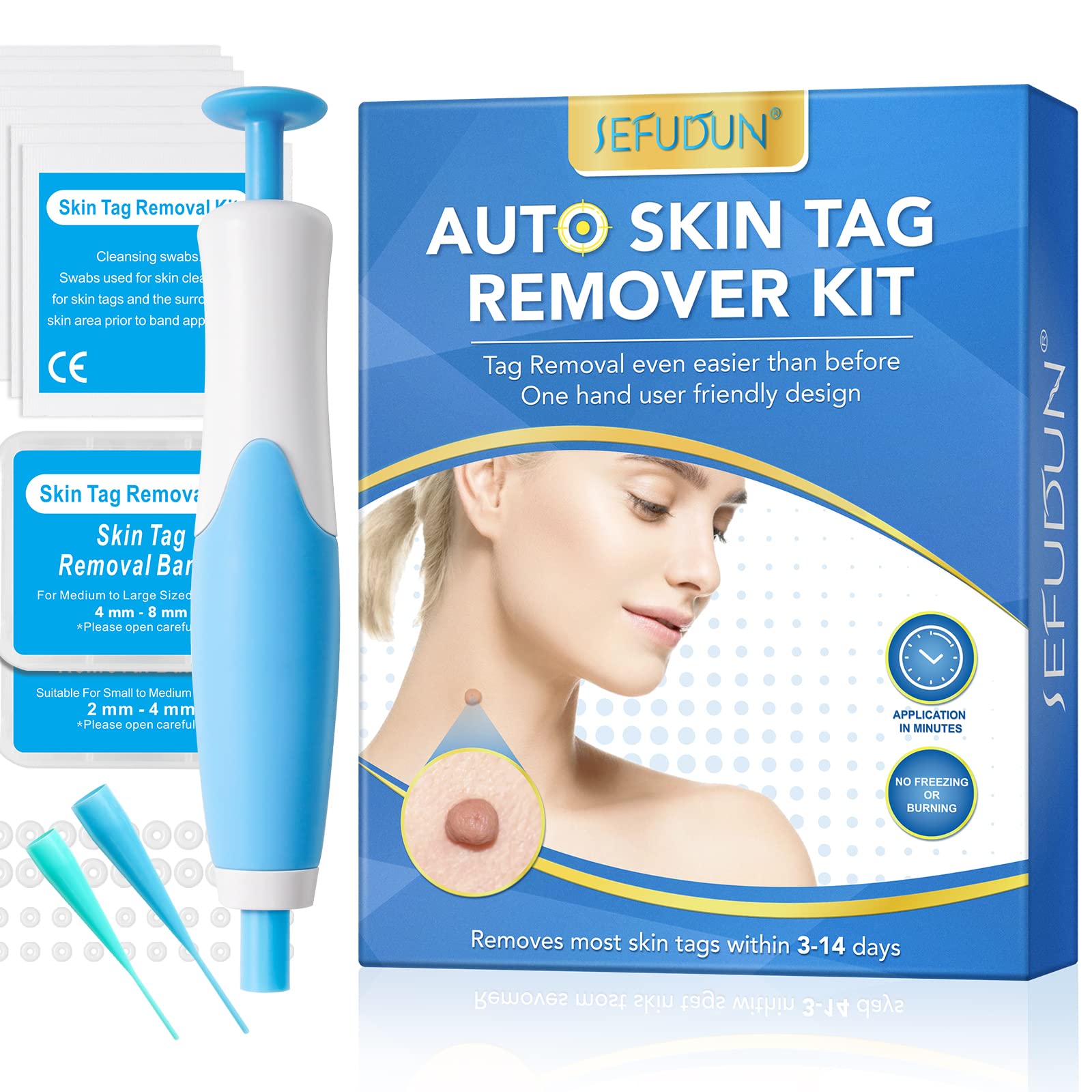SacXand skin tag removal kit open, showing convenient home-use setup