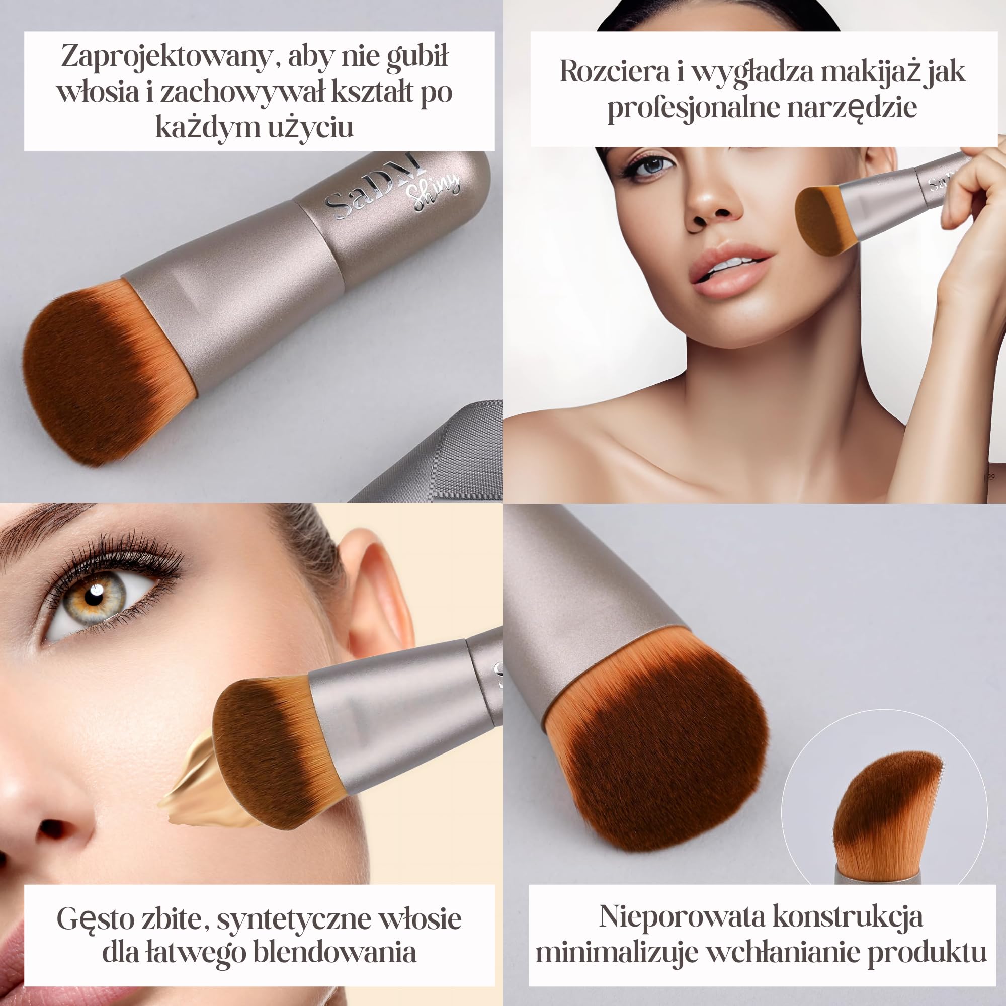 SaDM Shiny Kabuki angled blender brush for sunscreen blending and sheer coverage touch-ups.