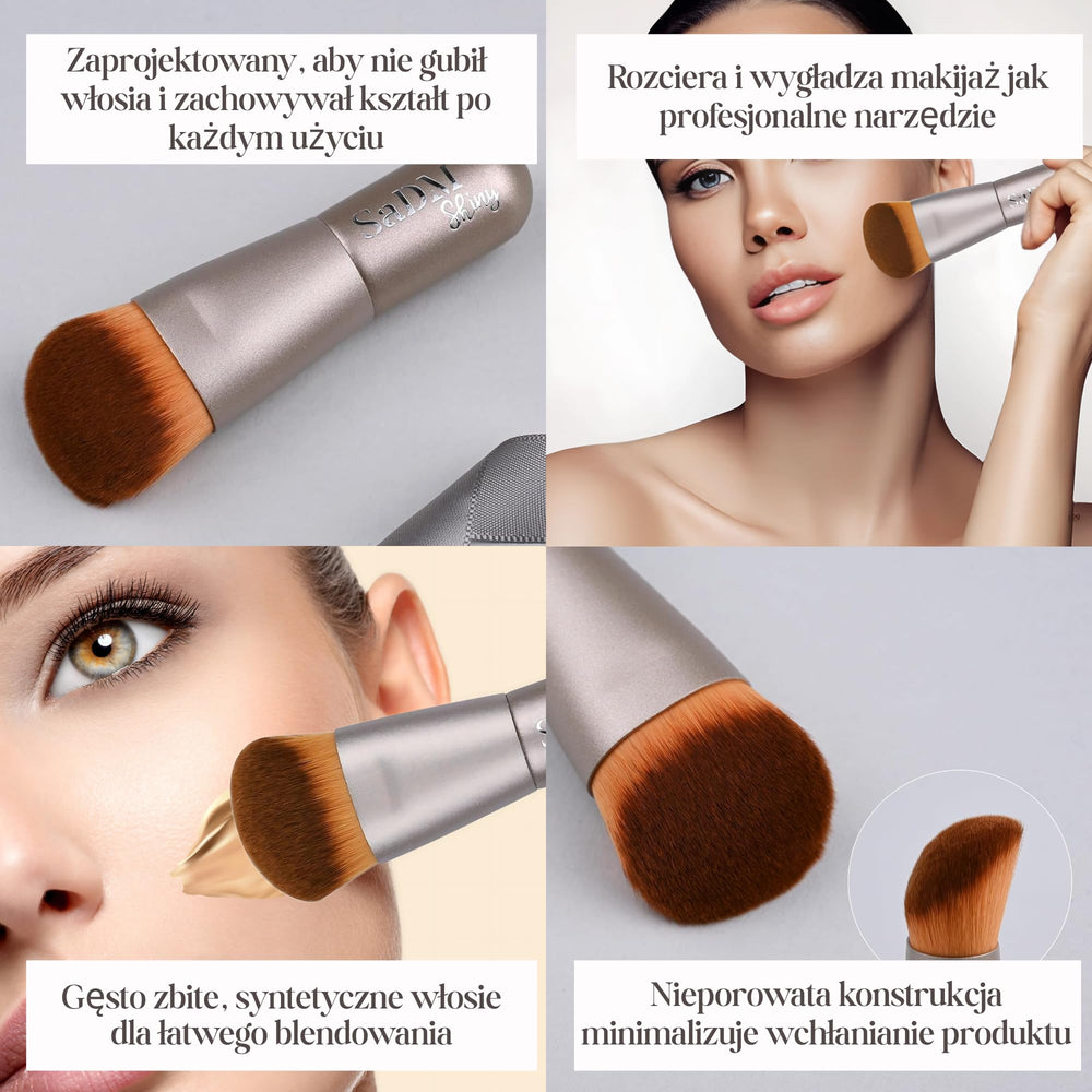 SaDM Shiny Kabuki angled blender brush for sunscreen blending and sheer coverage touch-ups.