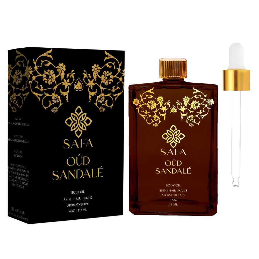 SAFA Oud Sandalé Oil bottle close-up for luxurious hydration and fragrance.
