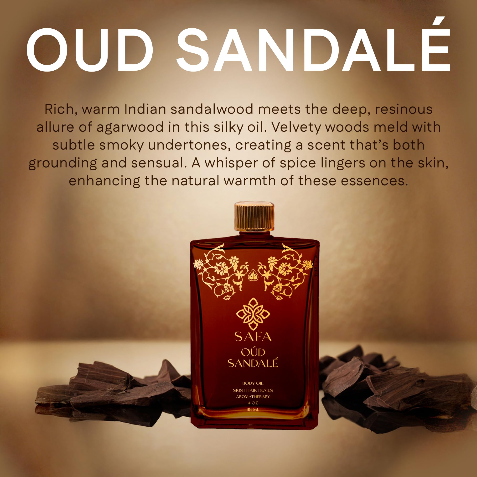 SAFA Oud Sandalé Oil used on hair for nourished strands.
