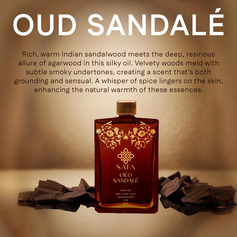 SAFA Oud Sandalé Oil used on hair for nourished strands.