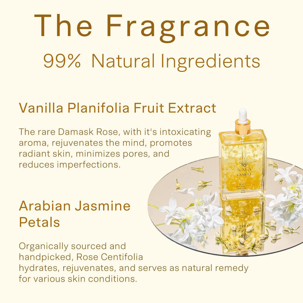 SAFA Vanille Oil with vanilla pods suggesting rich, warm aroma for self-care