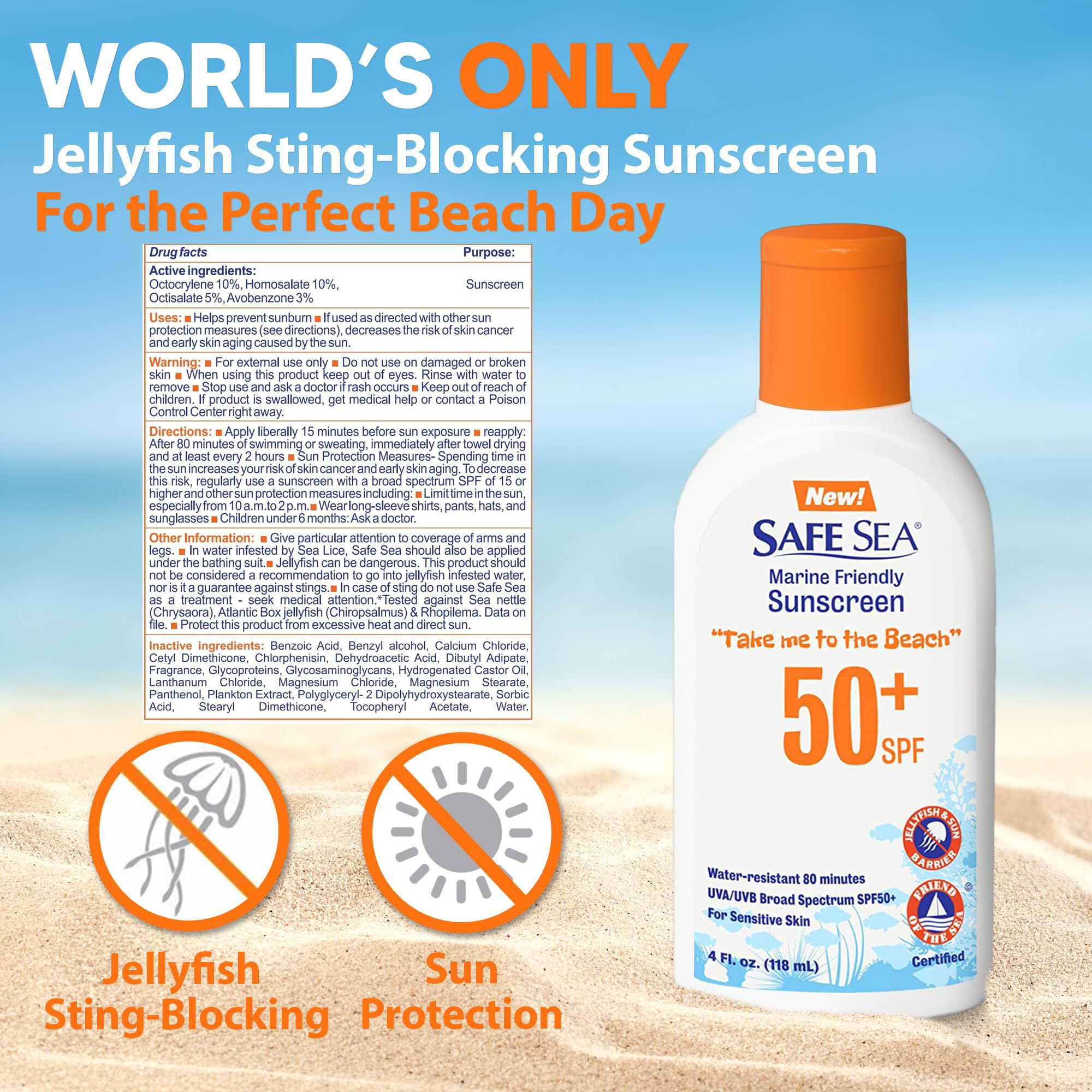 Safe Sea sunscreen bottle back view emphasizing reef-safe packaging for ocean-friendly use
