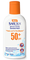 Safe Sea sunscreen bottle front view highlighting SPF 50+ protection for beach days