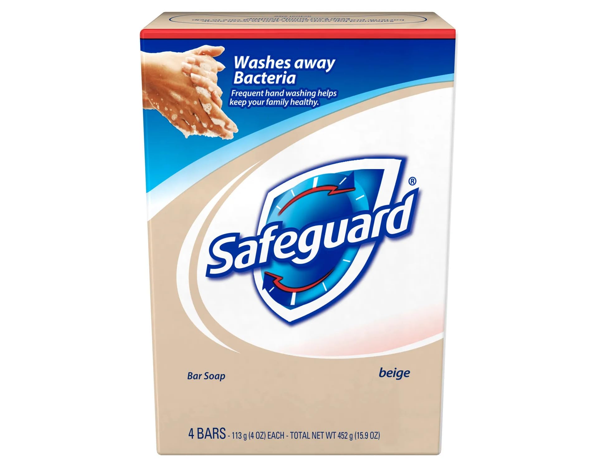 Safeguard antibacterial bath bar 4-pack in hand emphasizes convenient family wash routines.