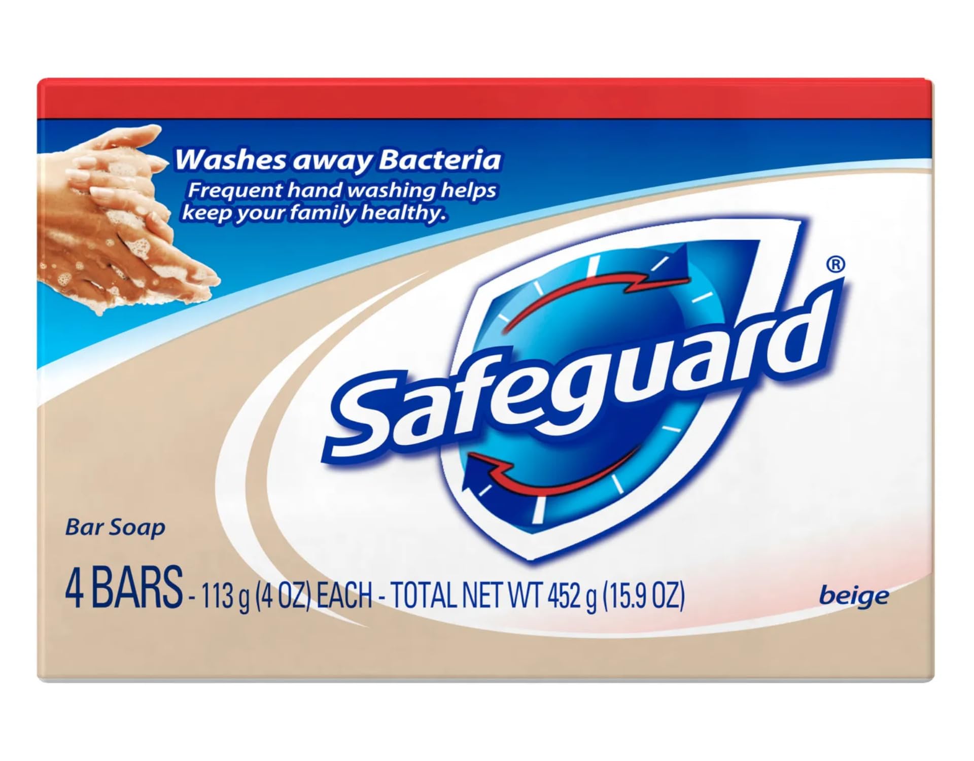 Safeguard antibacterial bath bar 4-pack on shelf offers germ reduction for family hygiene.