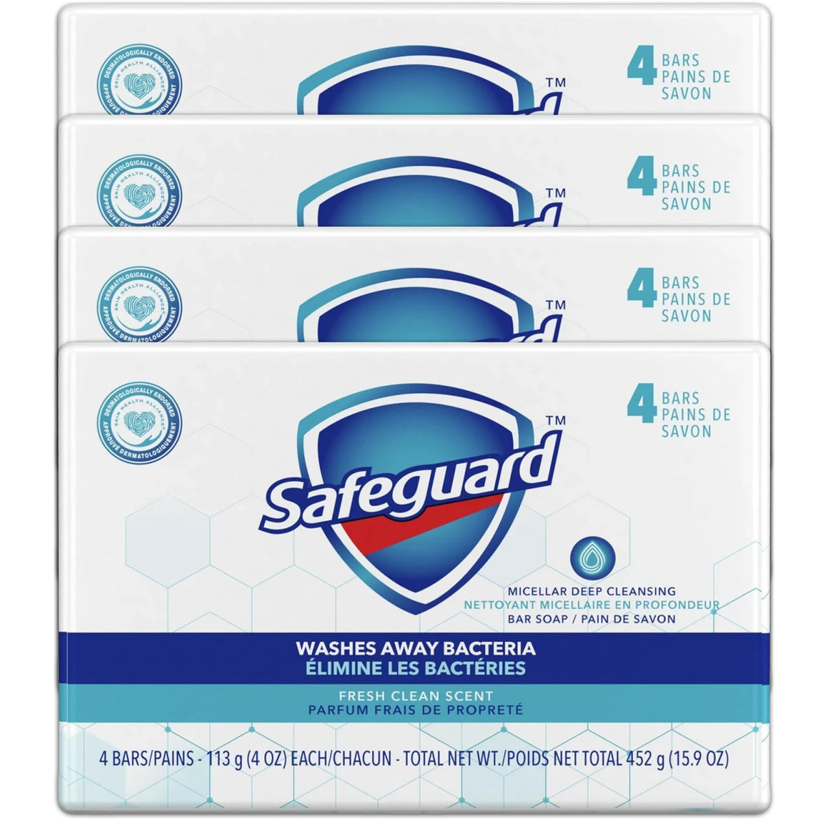 Safeguard micellar deep cleansing bar soap four-pack for daily cleansing.