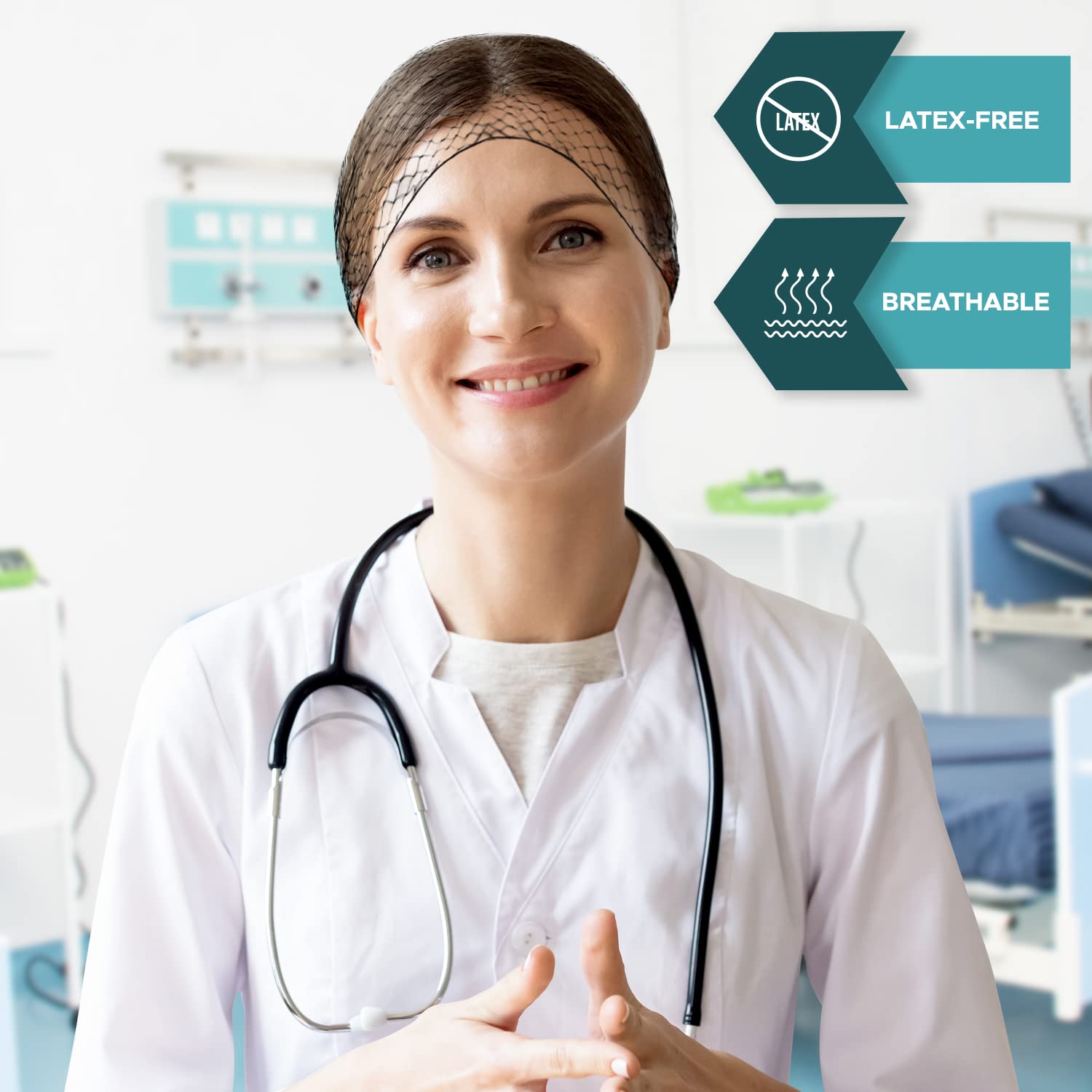 SAFEKO nylon latex-free hair nets durable and irritation-free for all day wear.