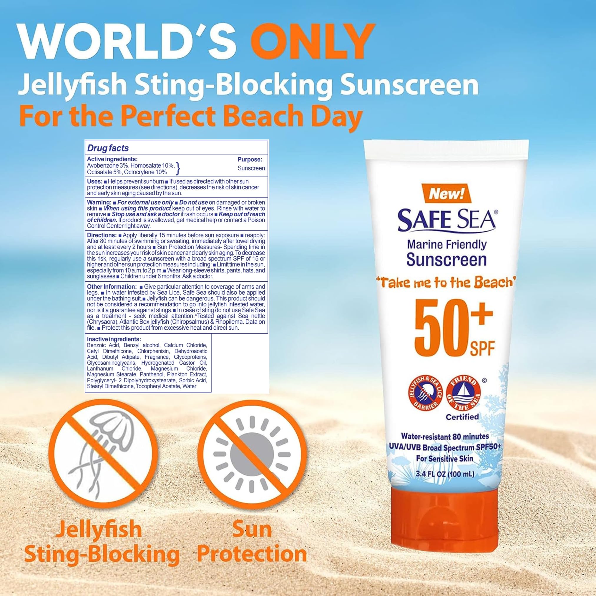 Safe Sea travel-size sunscreen tube ready for beach or boat trips.