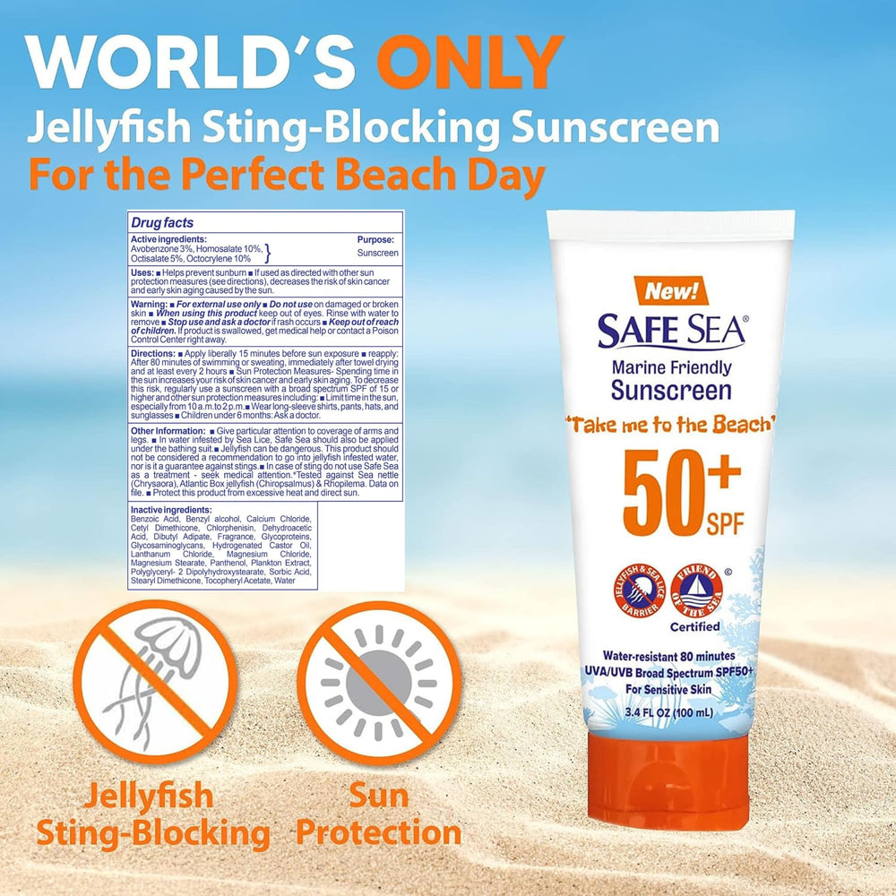 Safe Sea travel-size sunscreen tube ready for beach or boat trips.