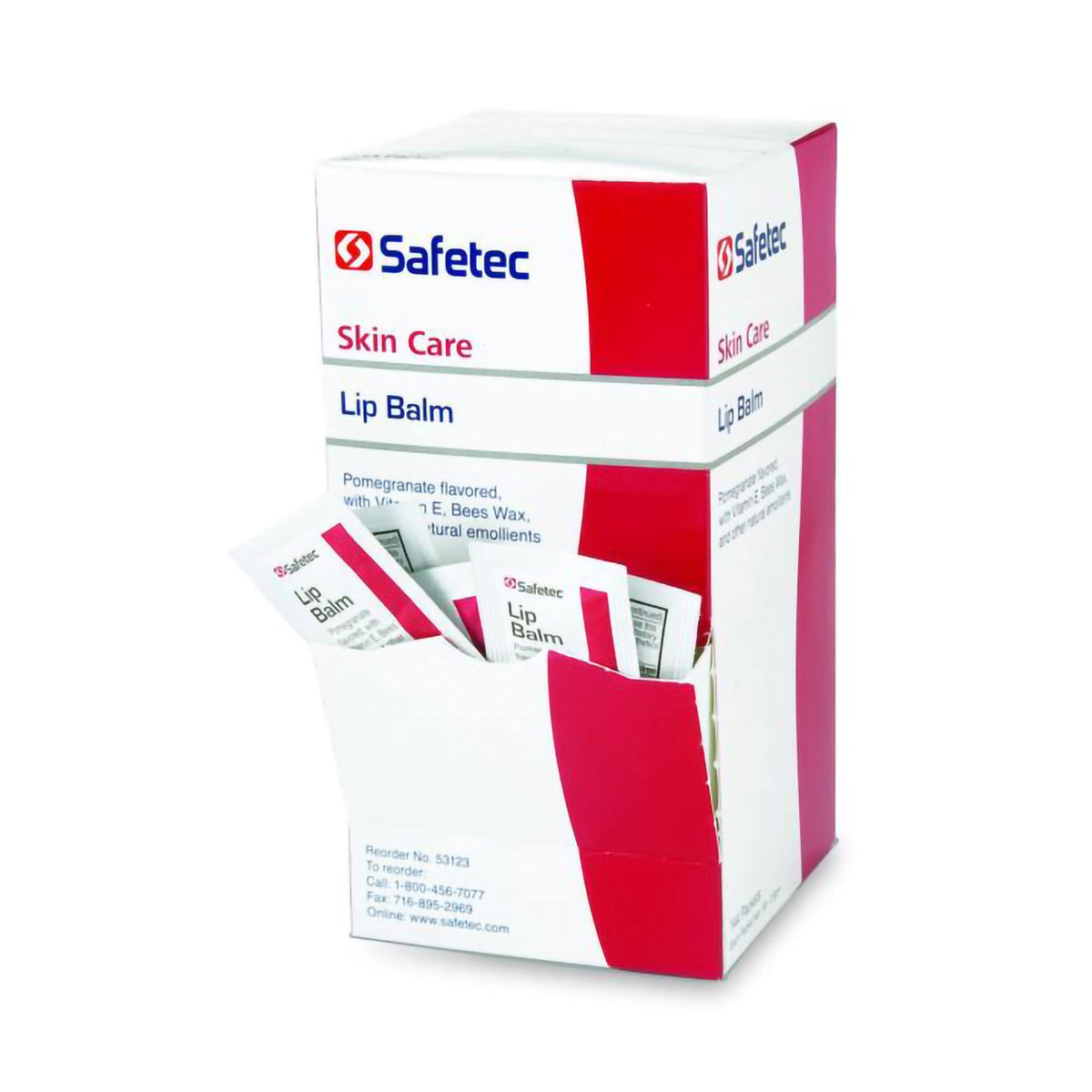 Safetec lip balm packet 53123 in compact foil wrapper for on-the-go hydration.