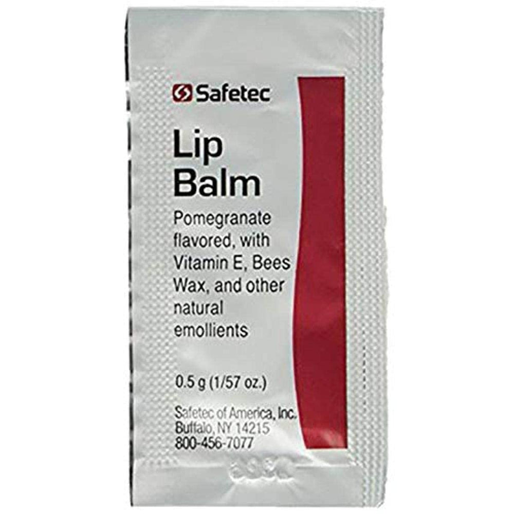 Safetec Lip Balm Pomegranate packaging box on vanity.