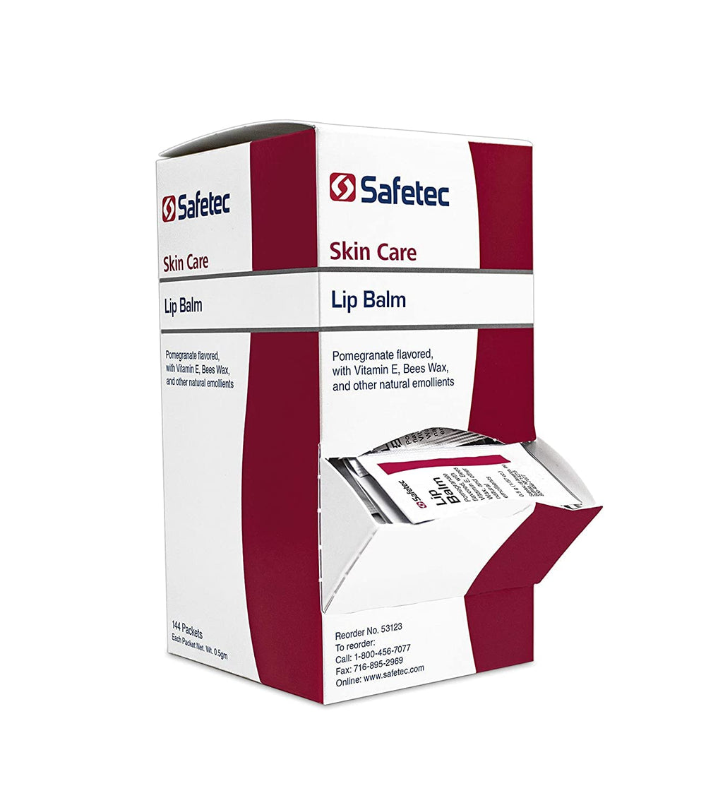 Safetec Lip Balm Pomegranate packaging shows 144-count bulk value.