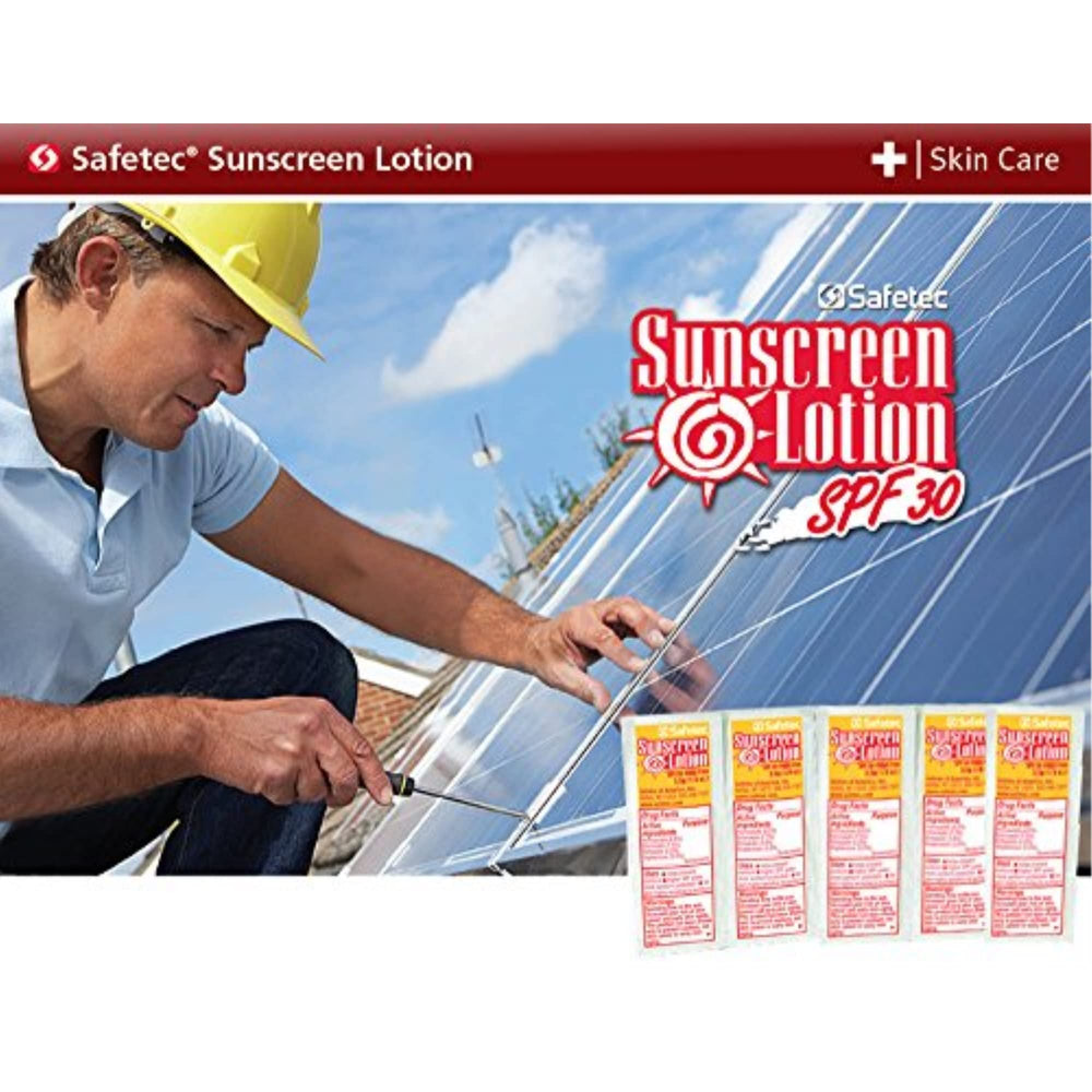 Safetec Sunscreen Packets with the PABA-free formula label for sensitive skin.