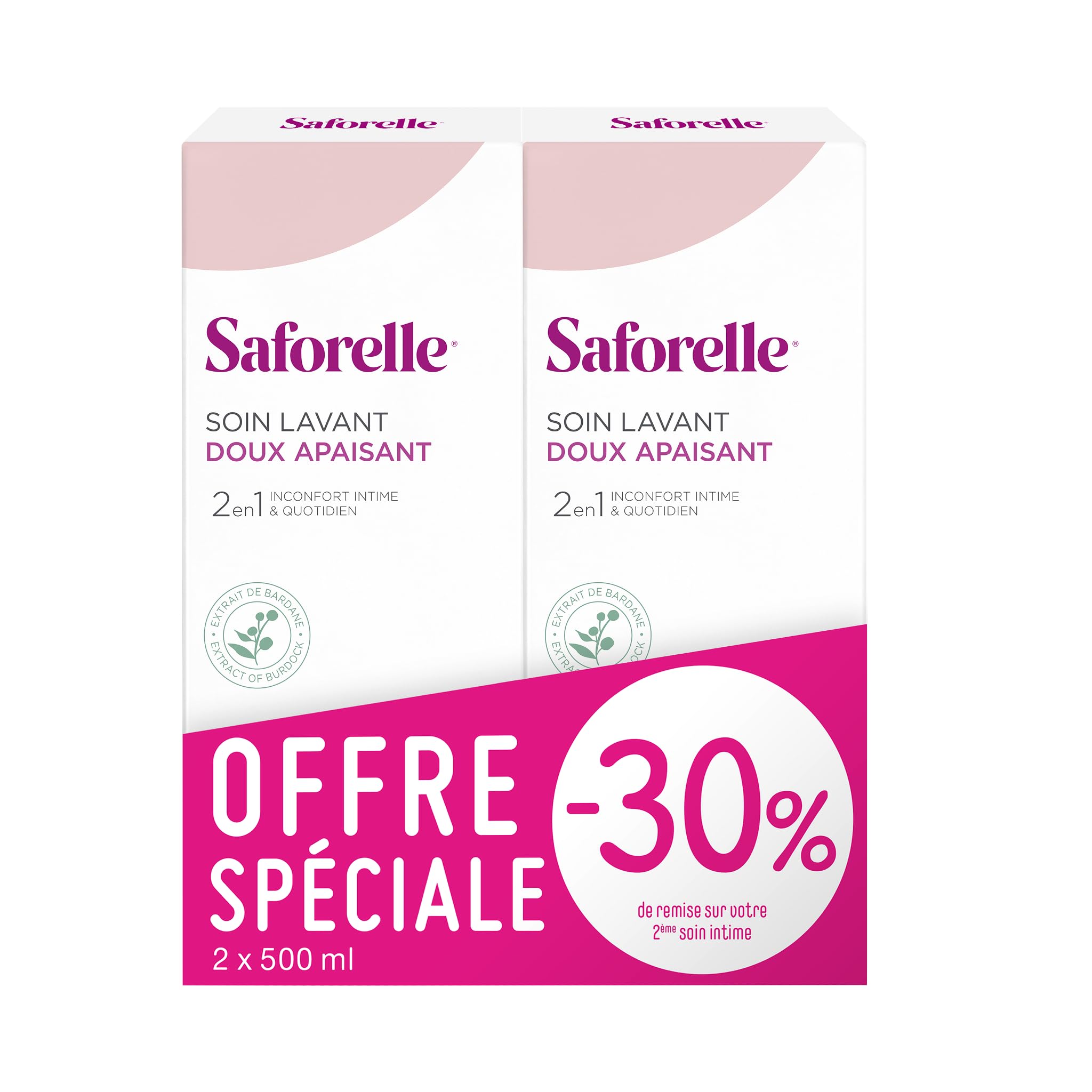 Saforelle Gentle Cleansing Care bottle back shows usage notes for soothing daily comfort.