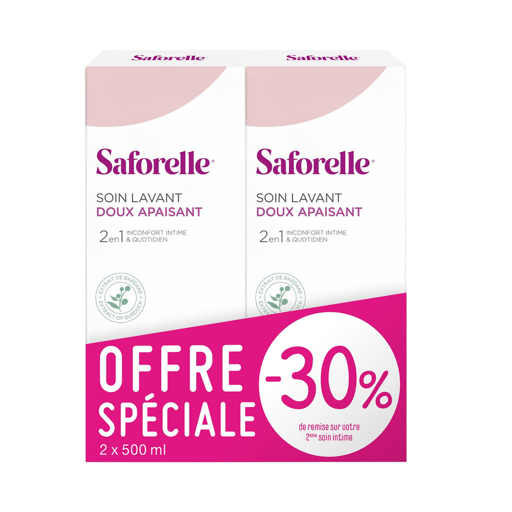 Saforelle Gentle Cleansing Care bottle back shows usage notes for soothing daily comfort.
