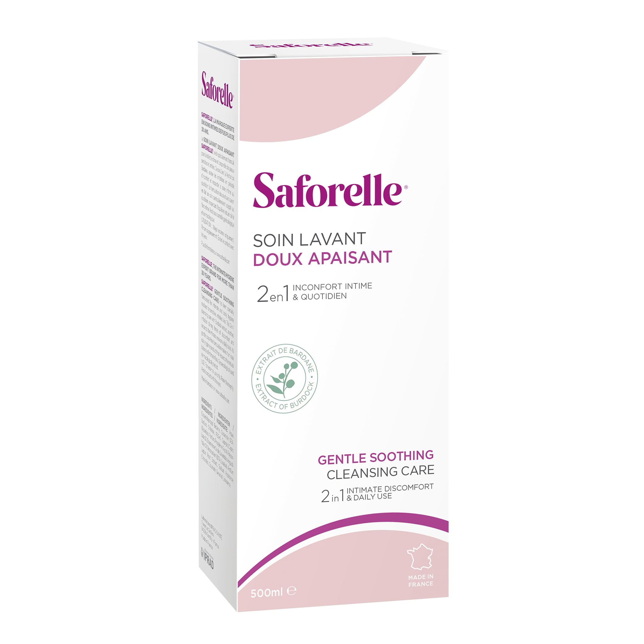 Saforelle Gentle Cleansing Care burdock extract spotlight emphasizes lenitive properties for irritated skin.