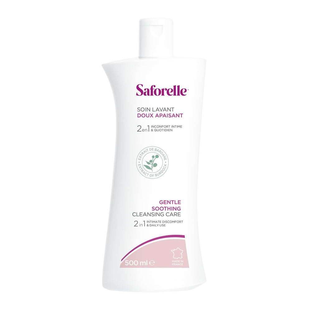 Saforelle Gentle Cleansing Care creamy texture close-up suggests soothing cleansing feel.
