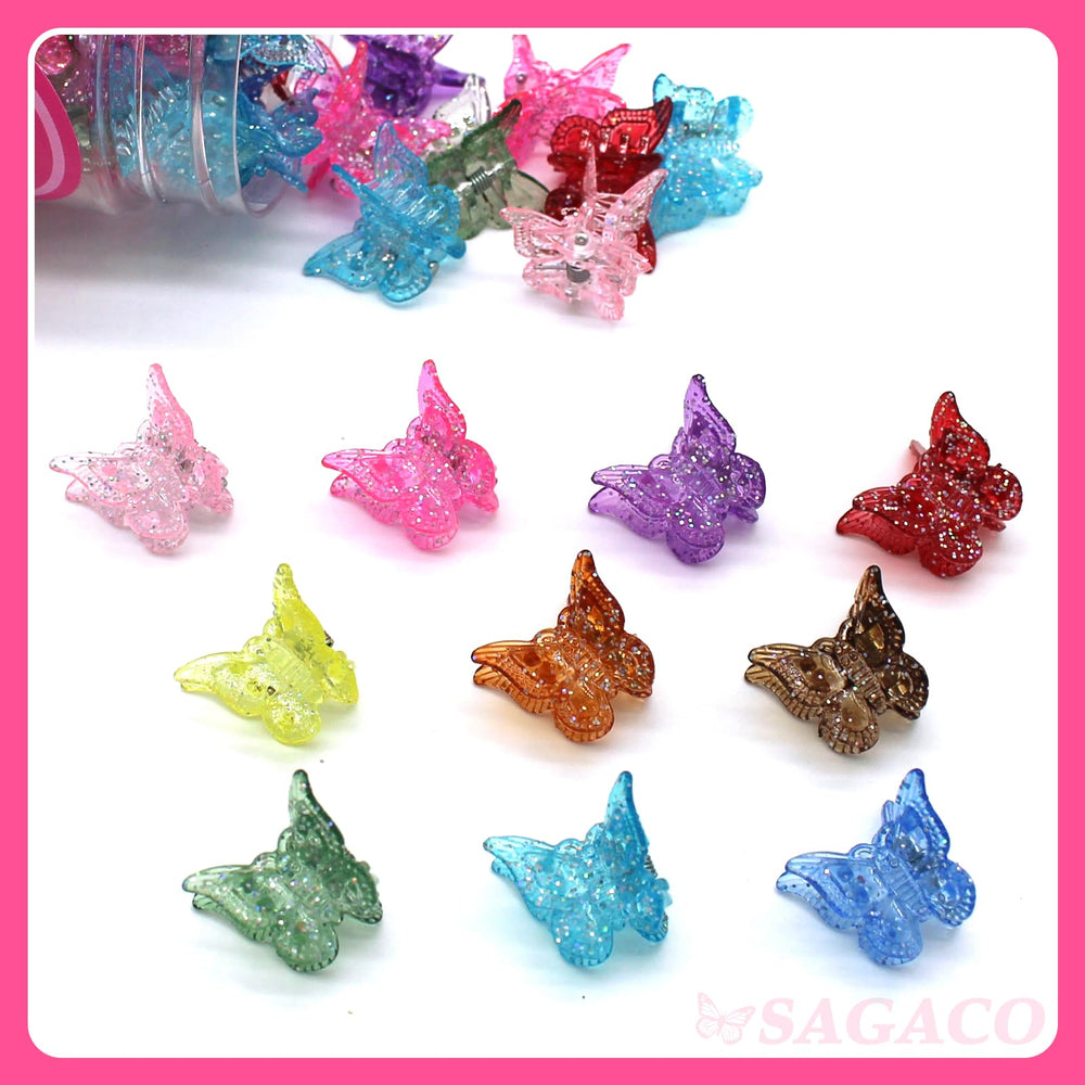 Sagaco butterfly hair clip colorful glitter set closeup highlights ten vivid color options.