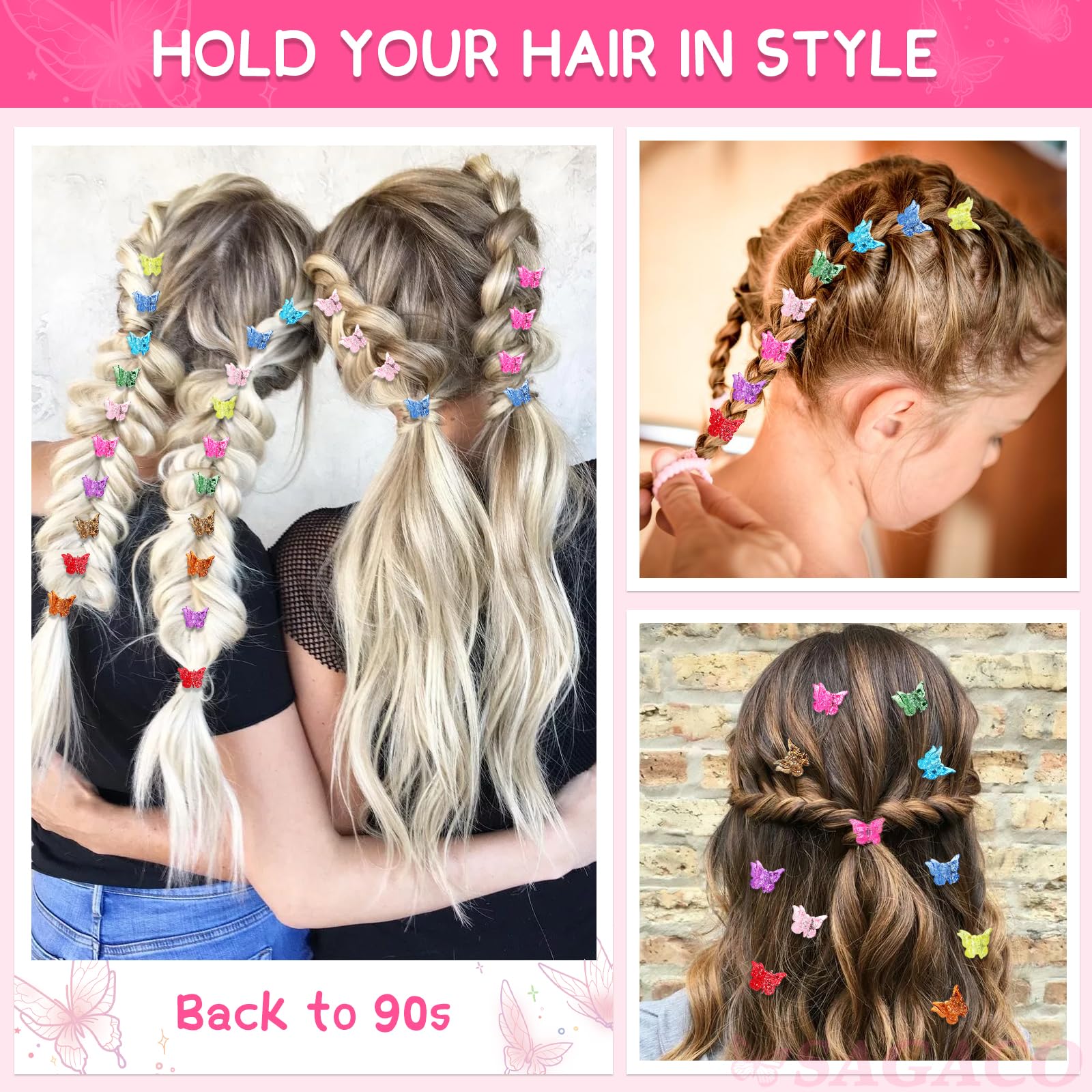 Sagaco butterfly hair clip durable grip closeup demonstrates hold for thick or layered hair.