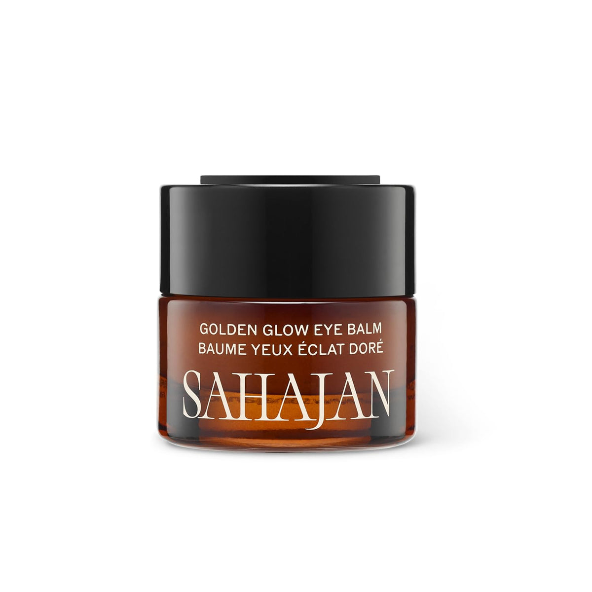Sahajan Golden Glow Eye Balm jar demonstrates rich, nourishing balm-to-oil texture for dry under-eyes.