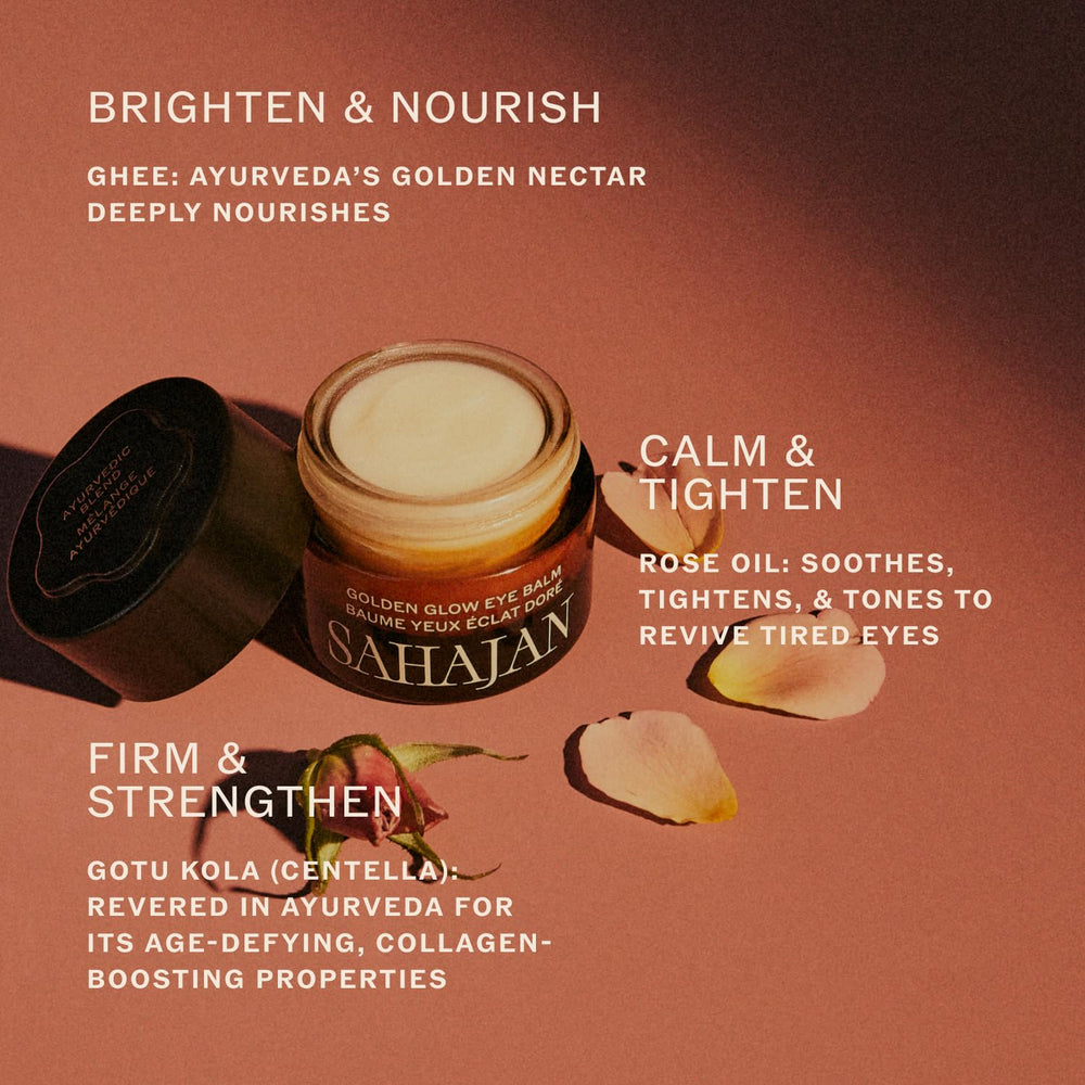 Sahajan Golden Glow Eye Balm texture close-up highlights creamy-to-oil transition for gentle skincare.