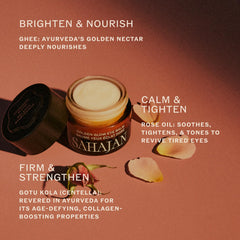 Sahajan Golden Glow Eye Balm texture close-up highlights creamy-to-oil transition for gentle skincare.