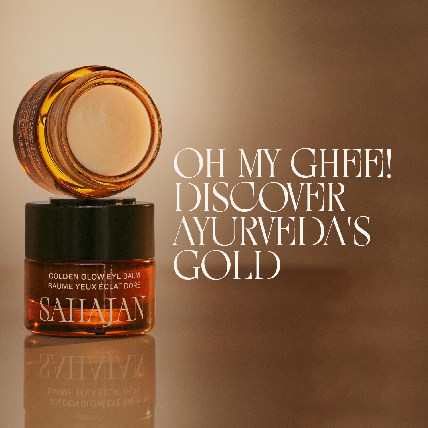 Sahajan Golden Glow eye balm label close-up communicates brand and clean Ayurvedic formulation.