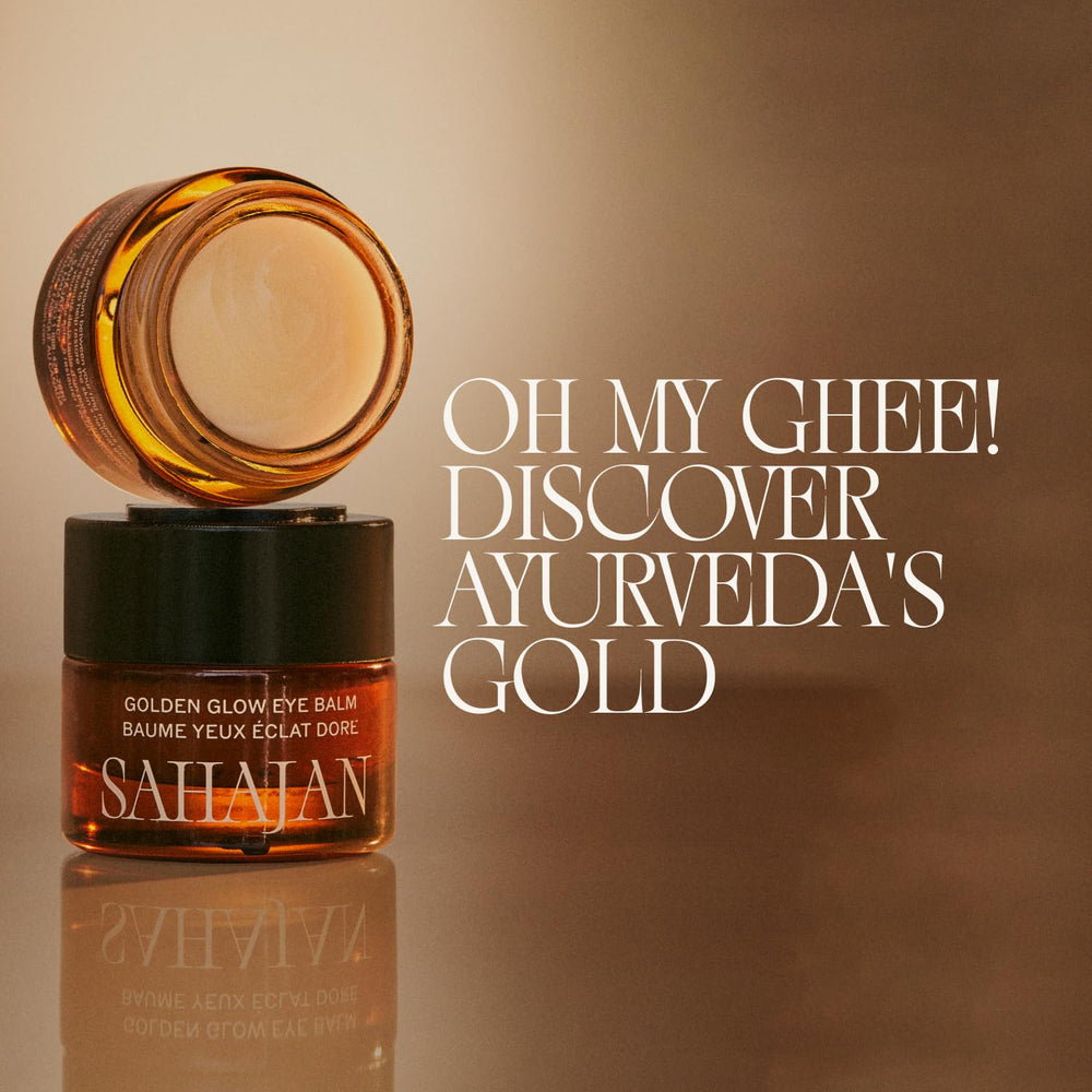Sahajan Golden Glow eye balm label close-up communicates brand and clean Ayurvedic formulation.