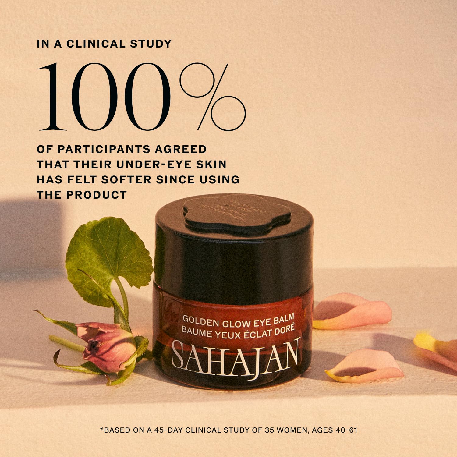 Sahajan rose oil drop highlights soothing, redness-reducing properties for eye area.