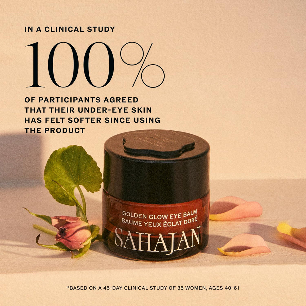 Sahajan rose oil drop highlights soothing, redness-reducing properties for eye area.