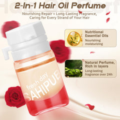 SAHIPUB Hair Oil Perfume application scene shows instant shine and frizz control.